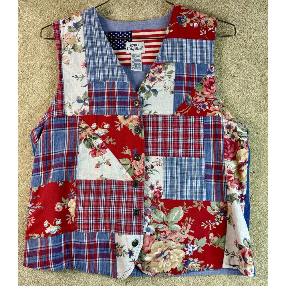 Koret City Blues Vest Womens Small Vtg. Floral Patriotic Patchwork Grandmacore